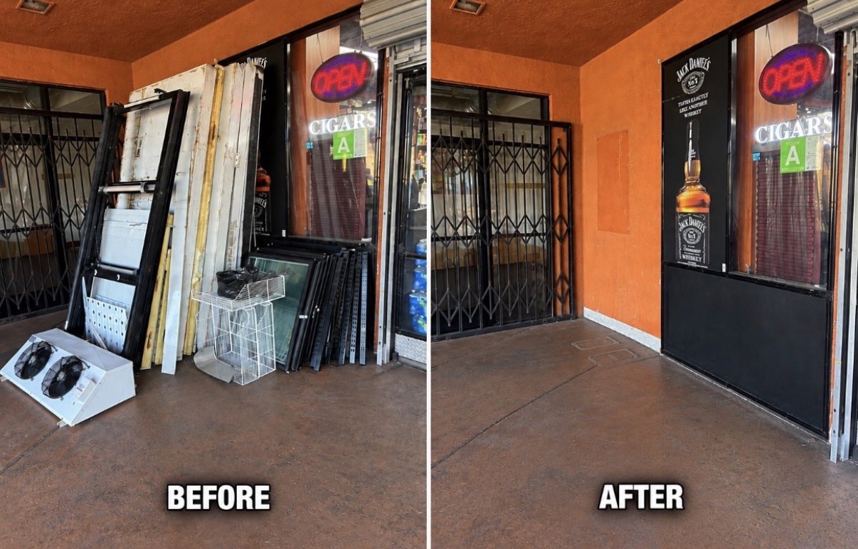 Before and after: storefront cleared of shelving, frames, and stored materials